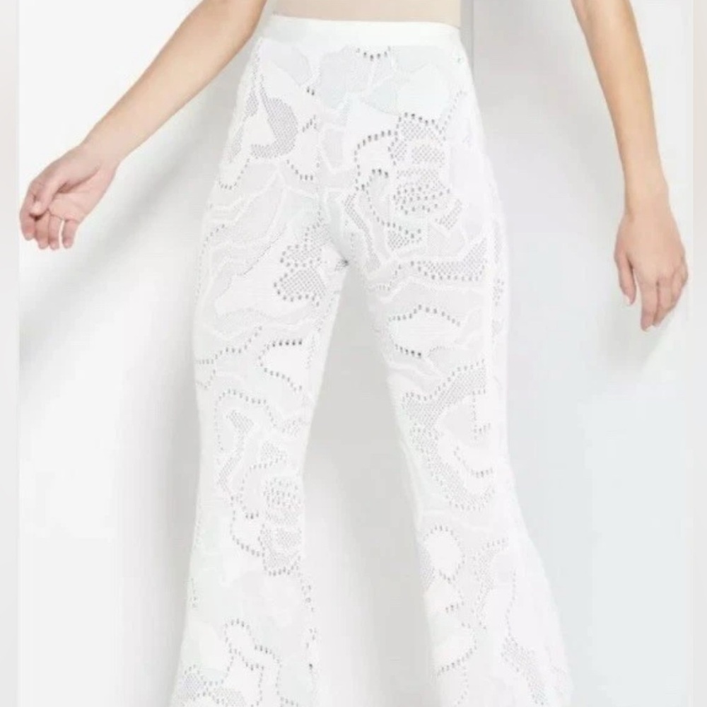 Herve Leger Cream Jacquard Knit Bell Bottom Pants Full Length